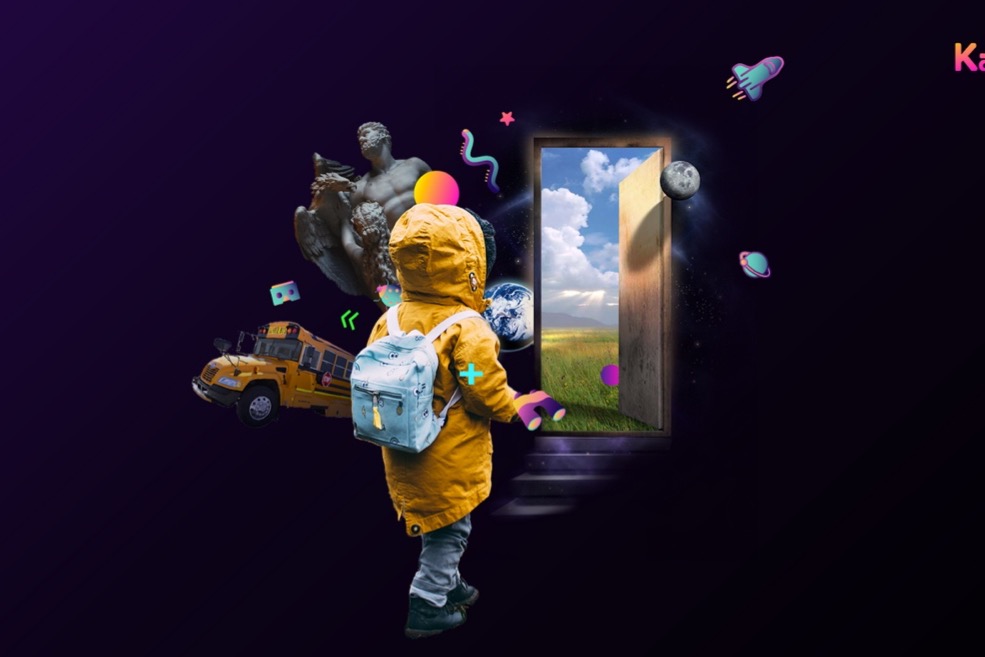 child in yellow jacket walking towards door in virtual world