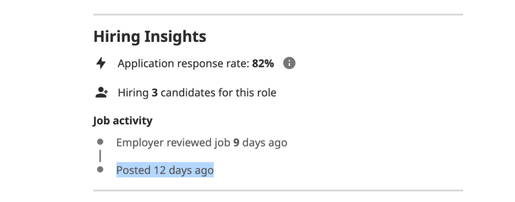 Screengrab showing hiring insights - employer reviewed job 9 days ago.