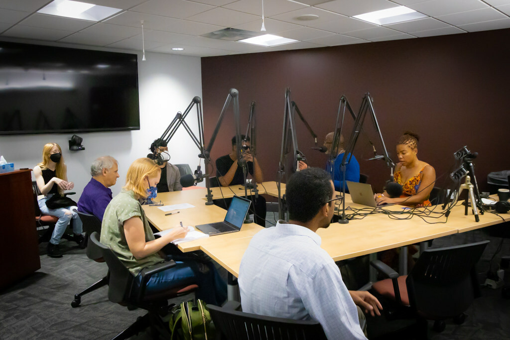 2022 ACLS Digital Justice Seed Grantees work on a podcast for their project "Building an Institute for Empathic Immersive Narrative" at Virginia Polytechnic Institute & State University.