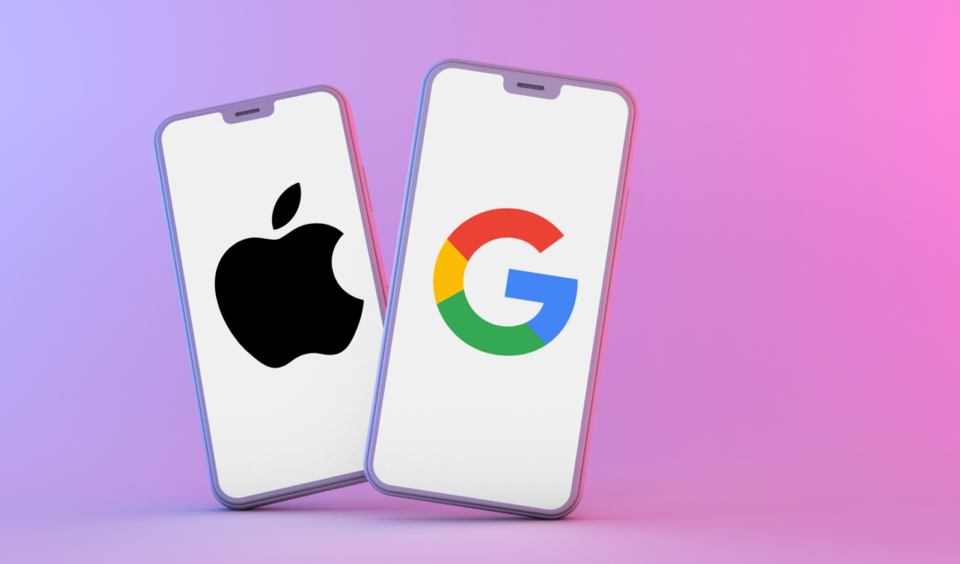 Two phones, one has google logo, one has the apple logo